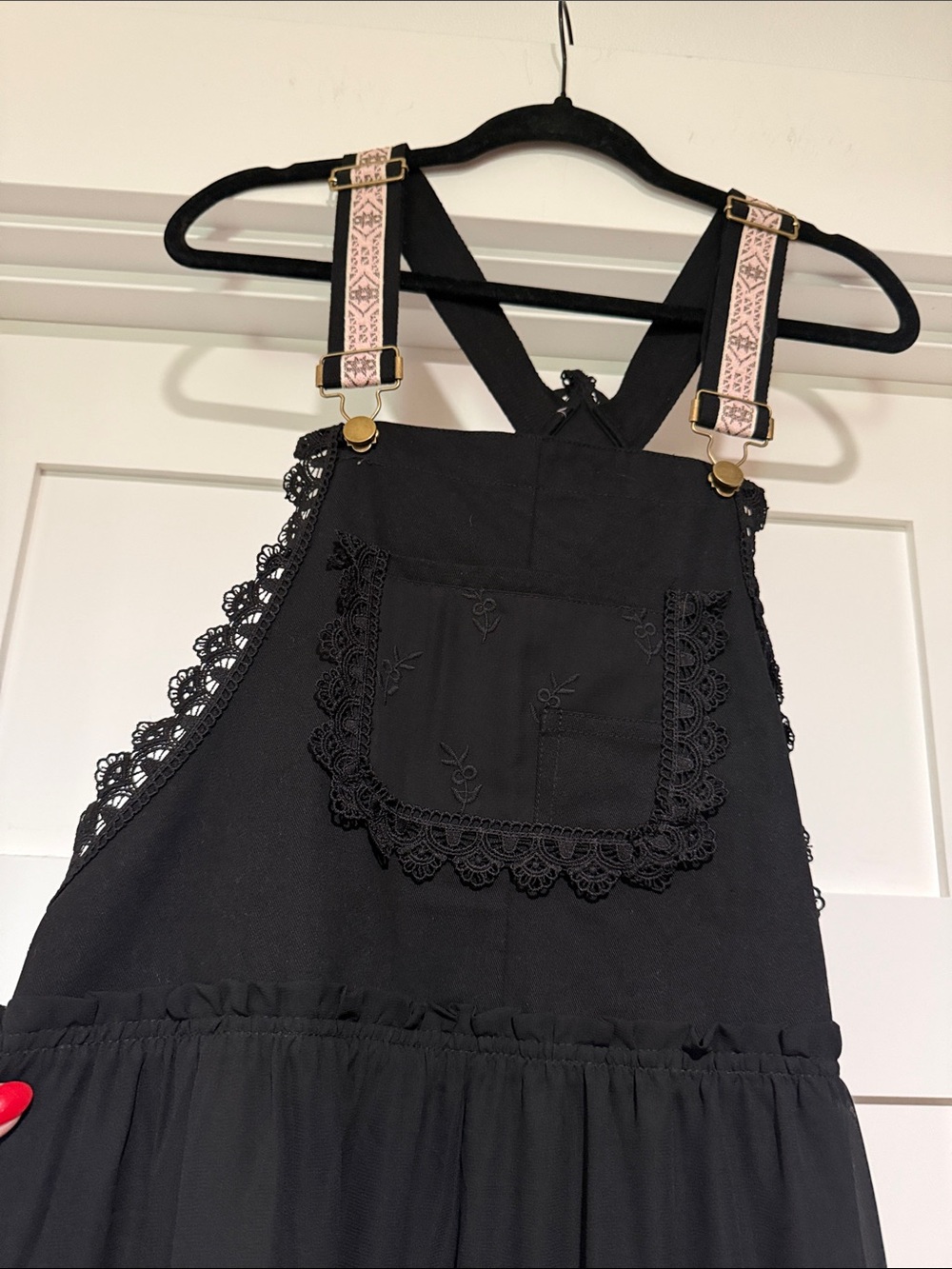 Amazon Black Lace Trim Maxi Overall Dress with Embroidered Straps - Picture 3 of 4